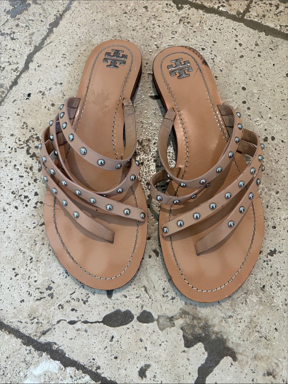 Tory Burch Tan Studded Multi-Strap Slide Sandals